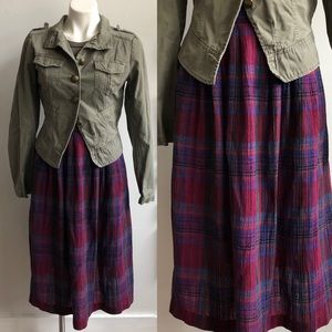 Vintage Plaid Pleated Midi Skirt with POCKETS